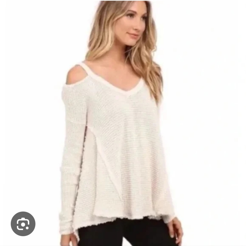 Free People mustard distressed cold shoulder sweater